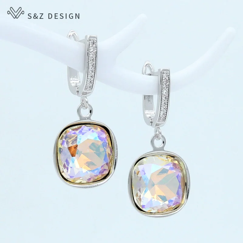 S& Z дизайнерские корейские модные элегантные Разноцветные квадратные висячие серьги с кристаллами для женщин Свадебные ювелирные изделия подарок 585 розовое золото серьги