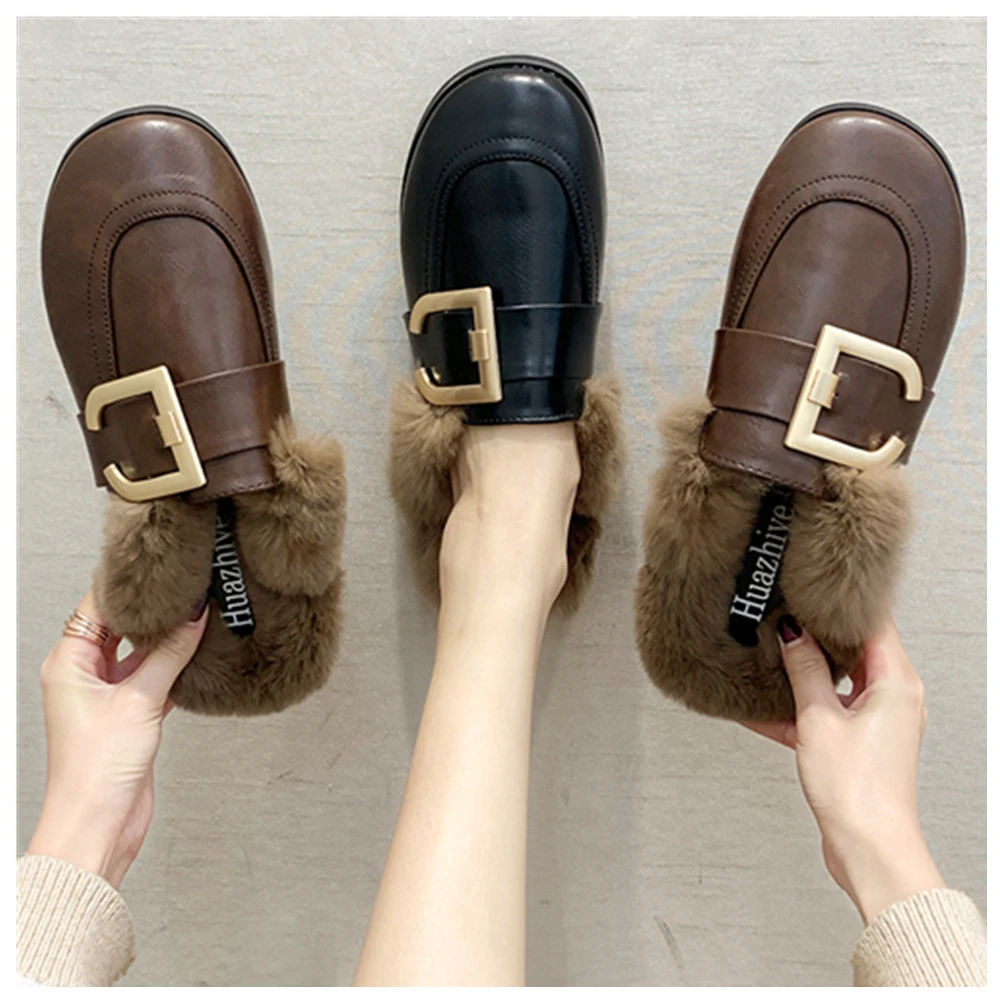 

Autumn And Winter Flat Heel Baotou plus Cotton Shoes Women's Warm Anti-Slip Loafers Women's Anti-Slip Furry WOMEN'S Shoes