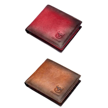 

BULLCAPTAIN 2 Pcs RFID Men'S Leather Anti-Theft Brush Wallet Double Ultra-Thin Short Wallet Position ID Bag, Brown & Red