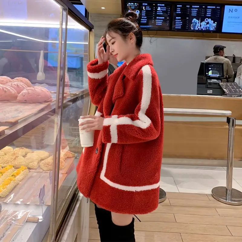 Fenghua пальто из искусственного меха женское повседневное меховое плотное теплое пальто из искусственного меха ягненка свободное зимнее пальто женское красное плюшевое пальто корейское