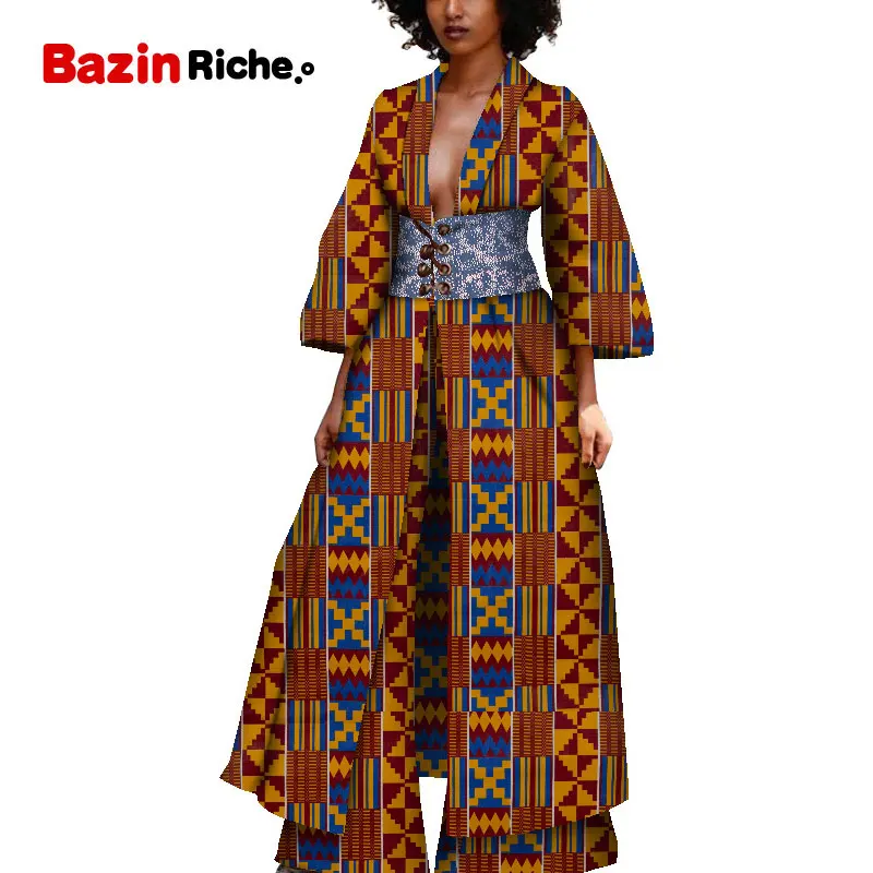 Африканская одежда плюс размер длиной до лодыжки Тренч и широкие брюки 2 шт. Повседневная ветровка традиционная одежда WY5405