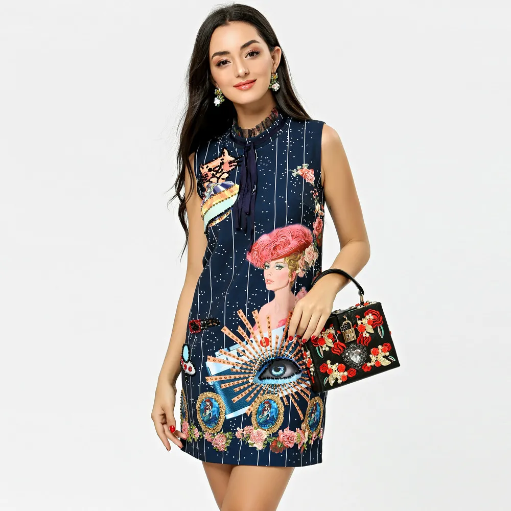 Runway Women Short Dress Fashion Beauty Print Crystal Diamond Sleeveless Summer Party Dresses Vestidos Robe Femme