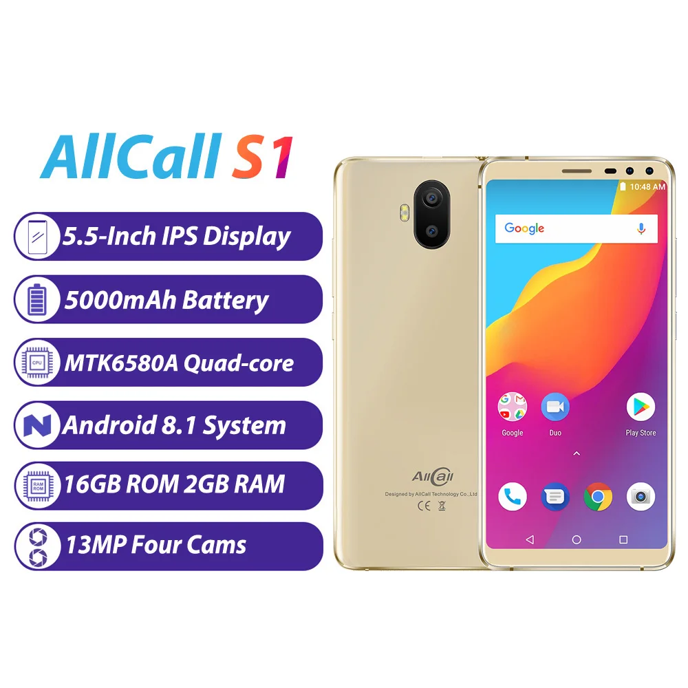 

Allcall S1 3G WCDMA Mobile Phone 5000mAh Battery Four Cams Android 8.1 5.5Inch 16+2GB 13+5MP MTK Quad-core 18:9 Smartphone