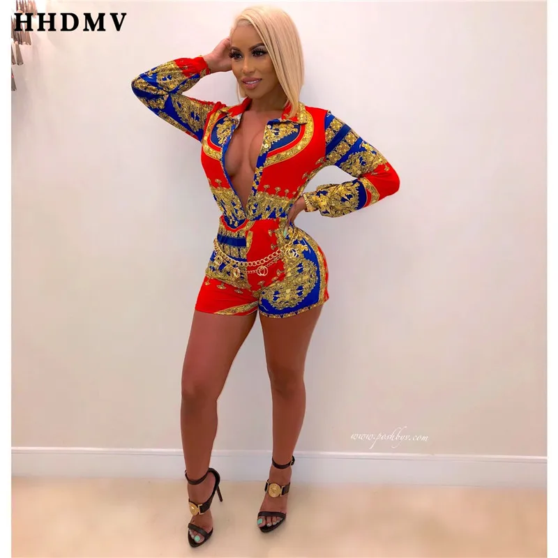 HHDMV OMR9597 summer women hot sale restoring ancient ways long sleeve lapel deep v printed colorful jumpsuits short pants
