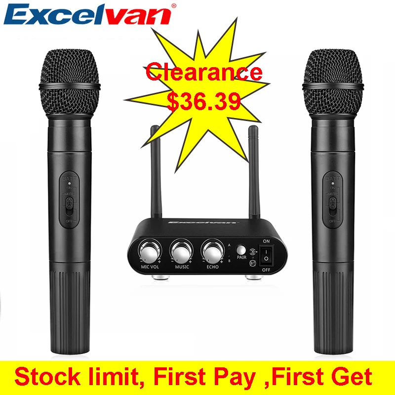 Excelvan K38 Dual Wireless Microphone with Receiver Box Various Frequency Music Player Singing KTV Microphone Home Entertainment