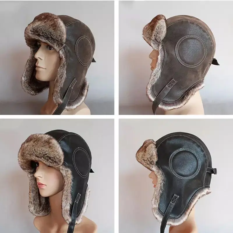 Earflap Ushanka Warm Fur Hat Leather Army Helmet Bomber Men Trapper Pilot Aviator Costume Cap With Goggle Soviet For Women thermal aviator bomber hat
