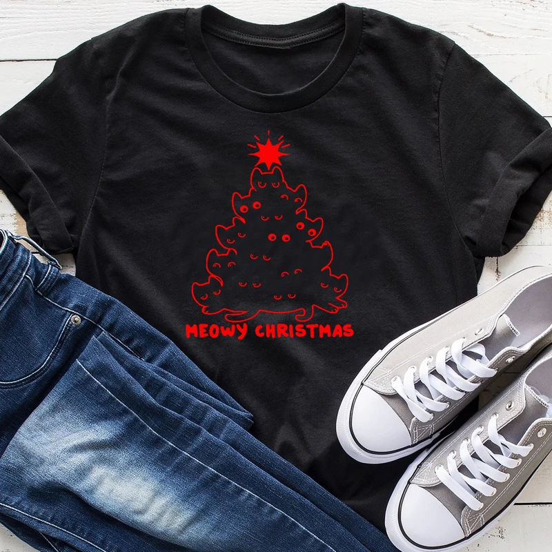 Meowy Christmas забавная Рождественская женская футболка 90s Эстетическая хлопковая модная графическая Женская одежда с круглым вырезом и коротким рукавом милые футболки