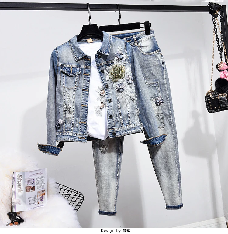 

Denim Set Women's European Style 2020 Spring Autumn New Fashion Short Embroidered Flower Denim Jacket Stretch Jeans TwoPiece Set