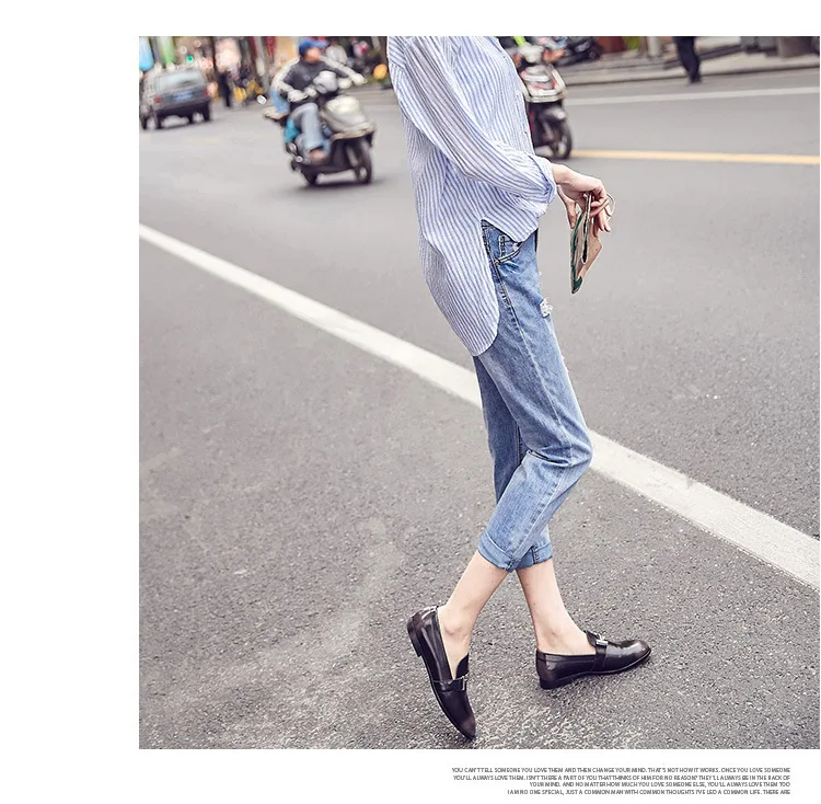 Loose Hole Jeans for Women Streetwear Fashion High Waist Washed Old Blue Ripped Holes Ankle Length Denim Pants