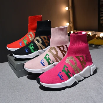

Fashion Women's High Top Sock Shoes Stretch Fabric Casual Flat Letters Pattern Sequins Bling J23
