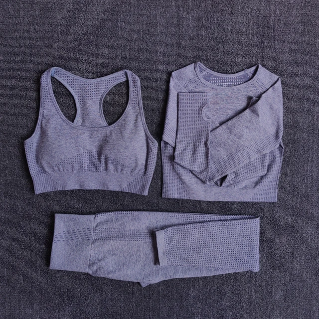 2/3/5PCS Seamless Women Yoga Set Workout Sportswear Gym Clothing Fitness Long Sleeve Crop Top High Waist Leggings Sports Suits 3PCSGray