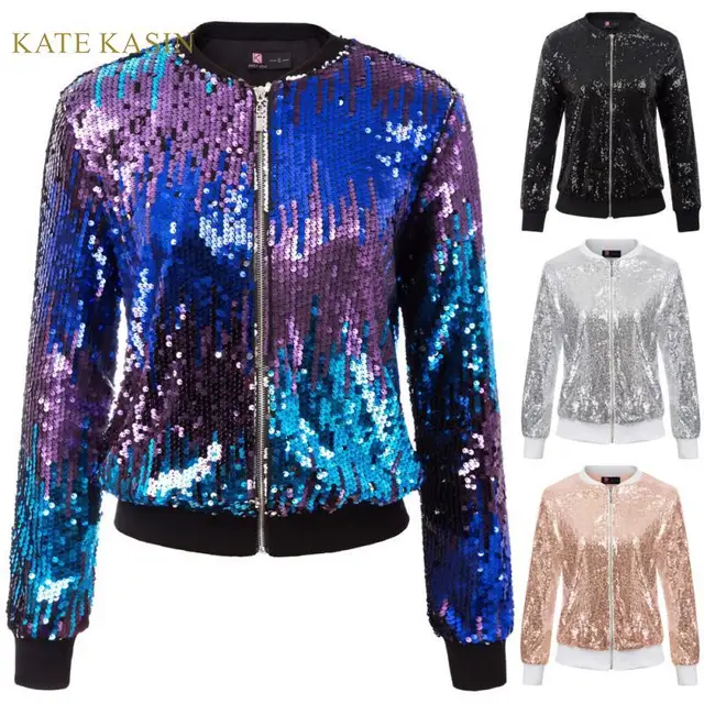 US $13.49 Kate Kasin Women Sequin Jacket Coat Long Sleeve Zipper Sparkling Jacket Lady Casual Outwear Fashion