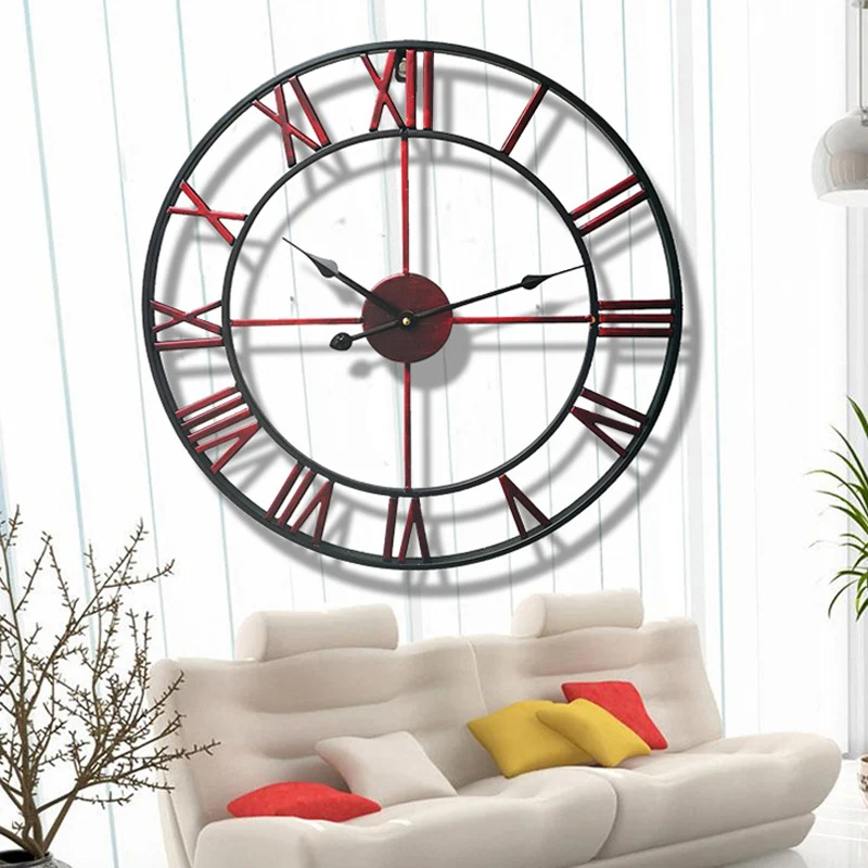 Настенные часы в стиле ретро, Большие 40 см/47 см/60 см, бесшумные металлические большие круглые винтажные настенные часы для гостиной, настенные украшения для хо - Цвет: Red