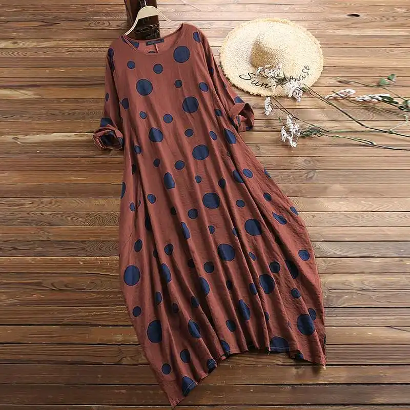 ZANZEA женское осеннее винтажное платье в горошек из хлопка и льна Vestido макси длинное платье с рукавом 3/4 вечернее платье мешковатый сарафан Robe Femme 7 - Цвет: Rust