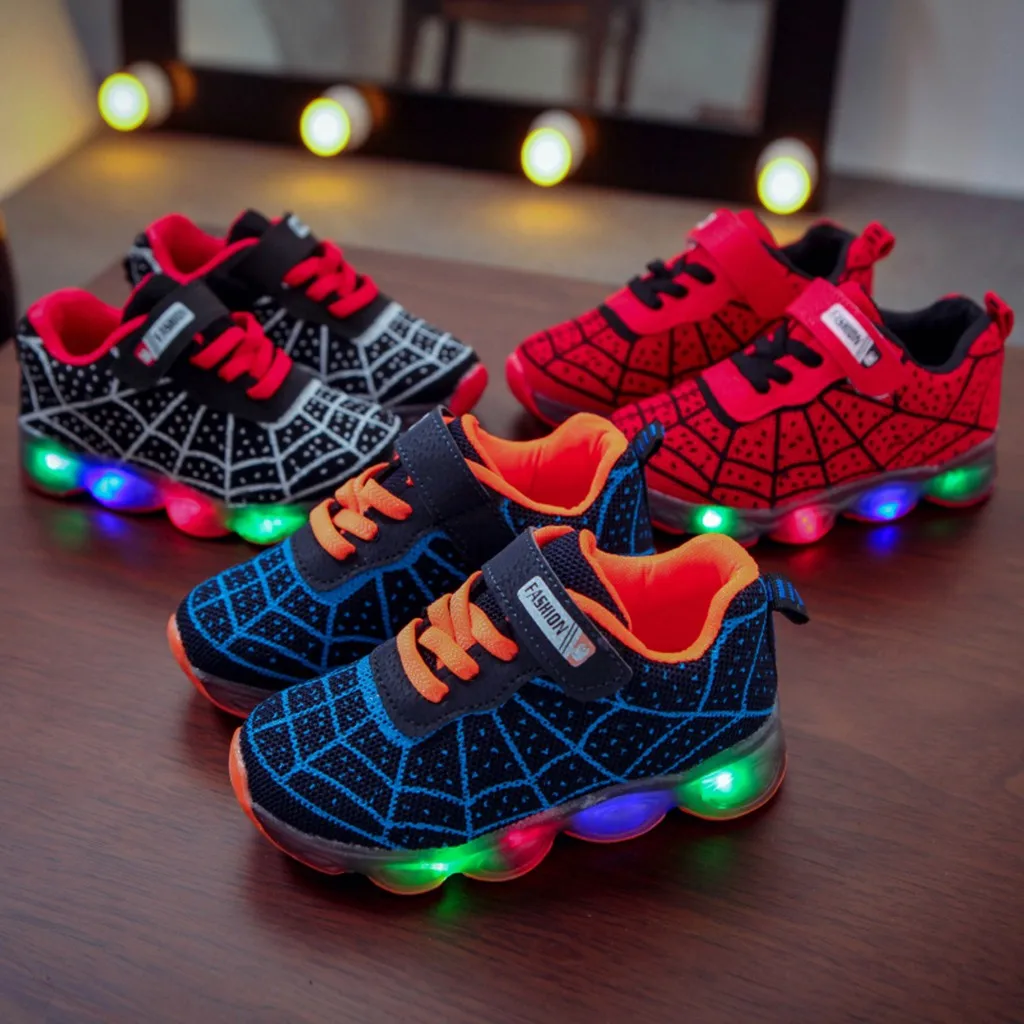 Cartoon spider web bright shoes Children Kids Baby Girls Boys fashion Cartoon LED Light Luminous Sport Sneakers Shoes#guahao