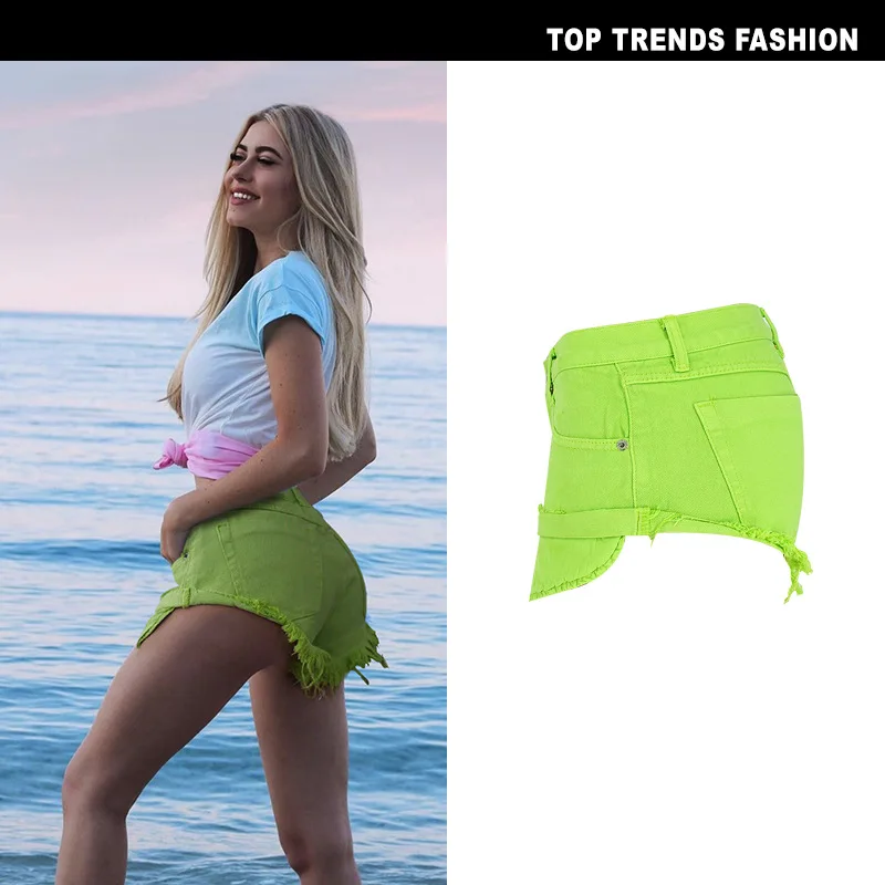 Sexy Casual Summer Green Long Pockets Jeans Shorts Women Fashion Low Waist Tassel Ripped Denim Shorts New Solid Color Hot Short (7)