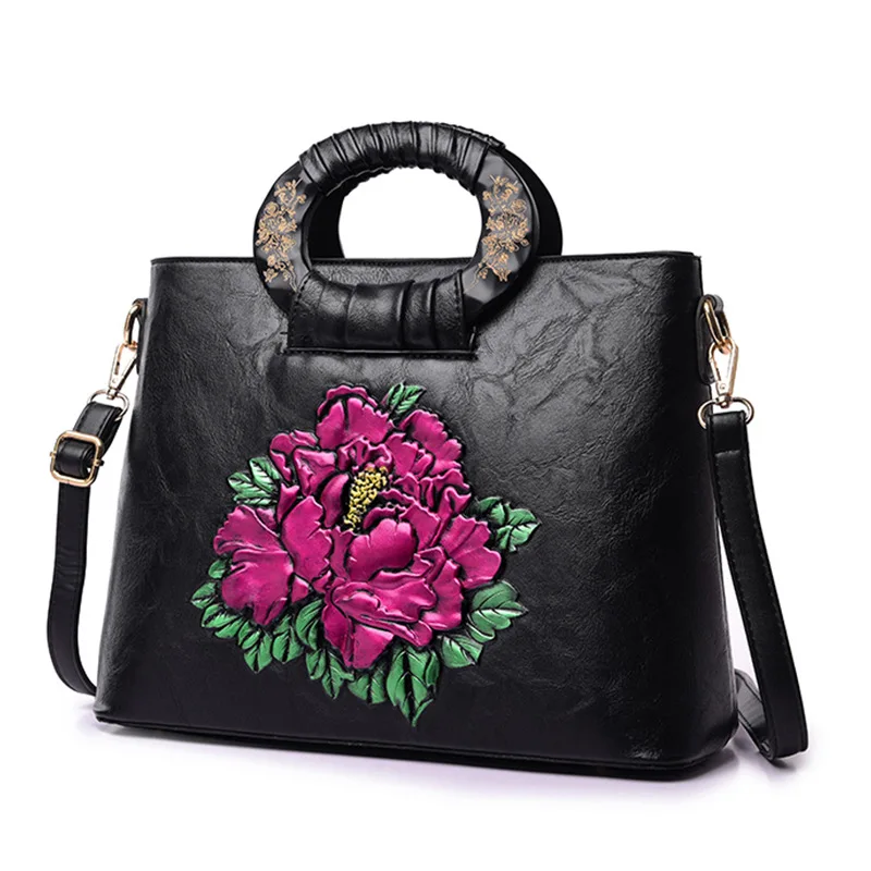 

Ougger Medium Women Shoulder Handbags High Quality Handbags Chinese Style Black PU Flap Bag with Flowers for Business