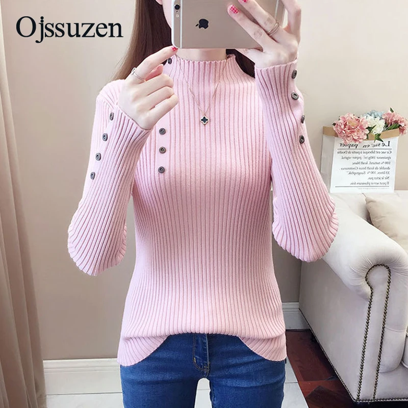 Thin Autumn Slim Women Sweater With Button Soft Knitting Jumper Female Pink Top Black Yellow Korean Pullover Ladies Sweaters | Женская