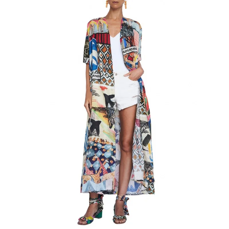 

2020 Bohemian Printed Half Sleeve Summer Beach Wear Long Kimono Cardigan Cotton Tunic Women Tops Blouse Shirt Sarong plage