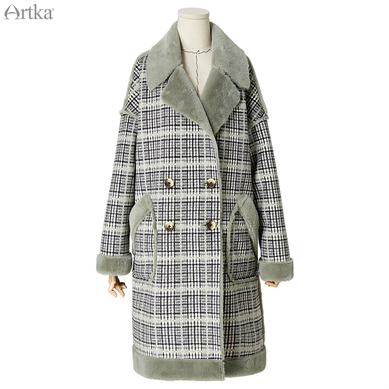 ARTKA зимнее Новое Женское шерстяное пальто винтажное клетчатое плотное теплое длинное двубортное шерстяное меховое пальто с отворотом WA10294D