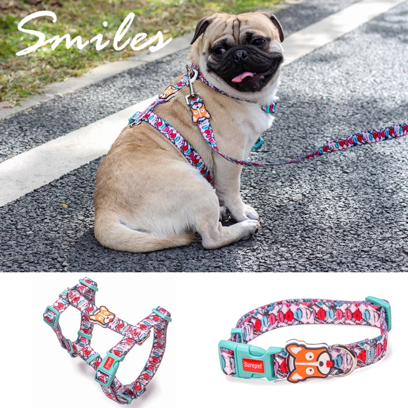 

Dog Collars Fashion Designer Print Non-Escape Nylon Dog Harness Breakaway Quick Release Pet Harness Vest Walking Lead Adjustable