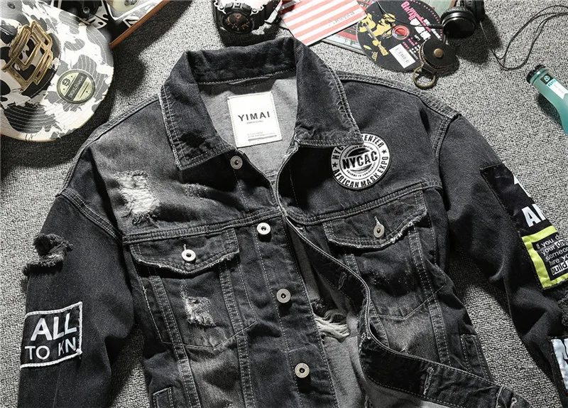 MORUANCLE Для Мужчин's Марка NEW FASHION Hi Street рваные джинсовая куртка с нашивками уличная рваные джинсы куртки, верхняя одежда для мальчиков