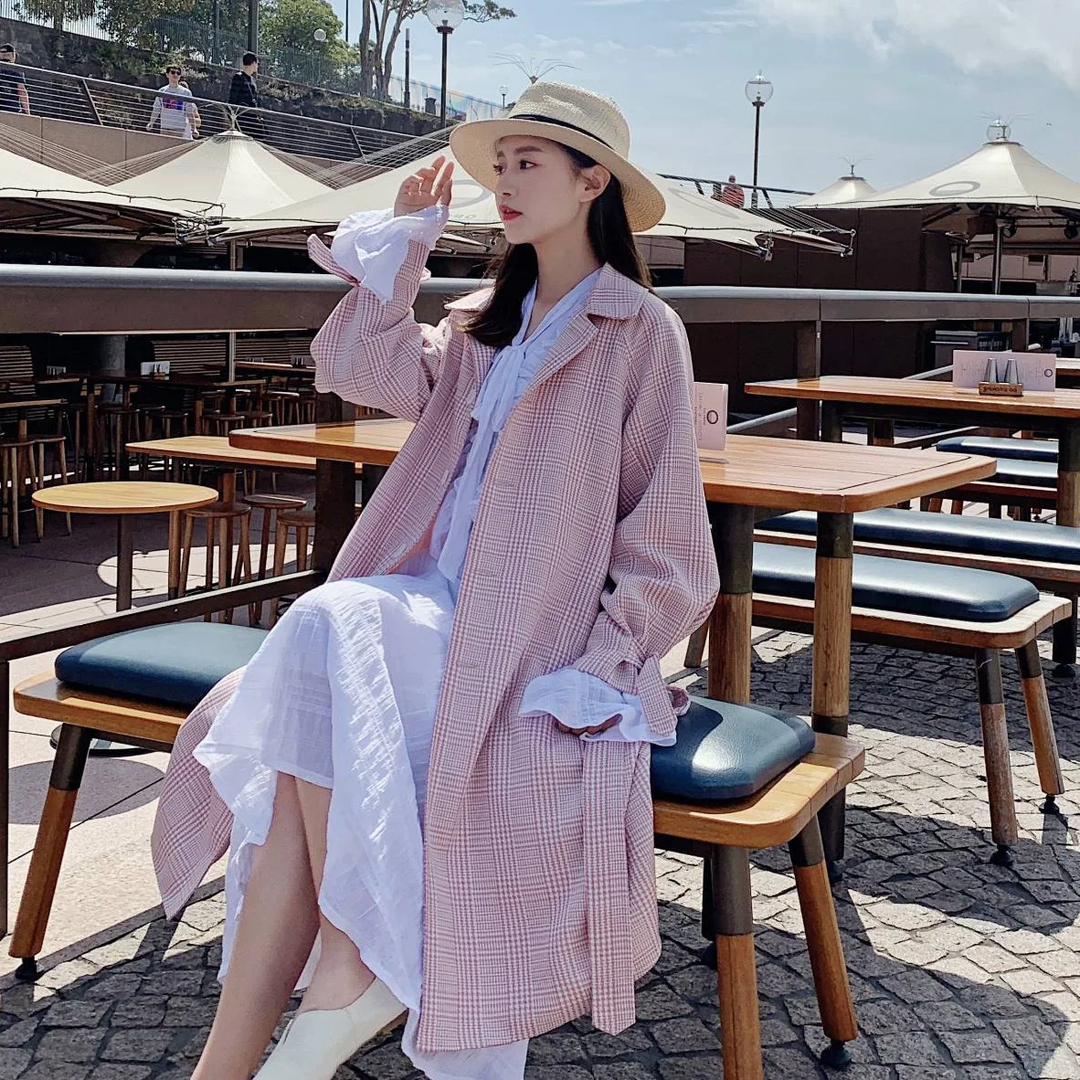 

Photo Shoot CHIC Sweet Pink Plaid Mid-length Slim Fit Suit Collar Single Breasted Waist Hugging Lace-up Trench Coat Women's