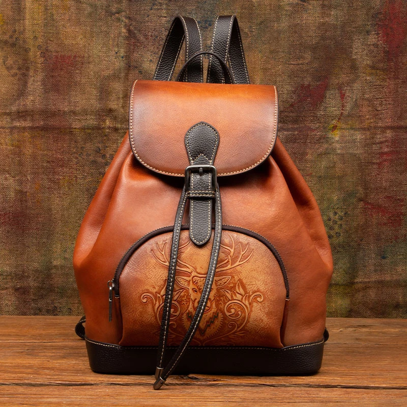 Vintage Coffee Women Genuinel Cow Leather Backpack Travel Bag Embossed Handbag S 