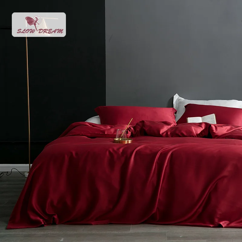 

SlowDream Pure 100% Lyocell Silk Bedding Set Healthy Duvet Cover Flat Sheet Pillowcase Decor Home Luxury Adult Double Bedspread