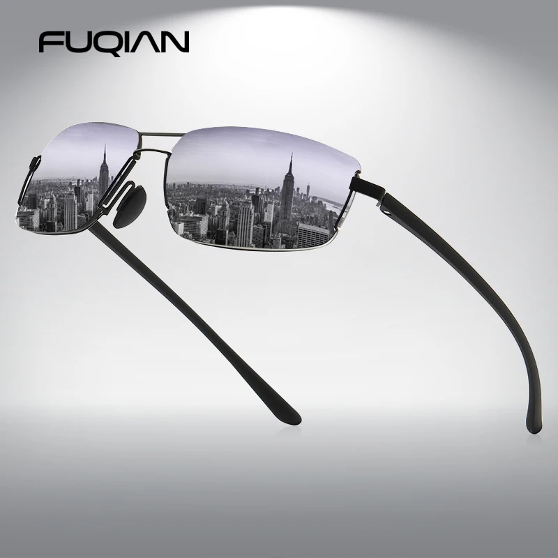 

FUQIAN Brand Designer Rectangle Men Polarized Sunglasses Luxury Rimless Male Sun Glasses Ultra Light TR90 Driving Eyeglass