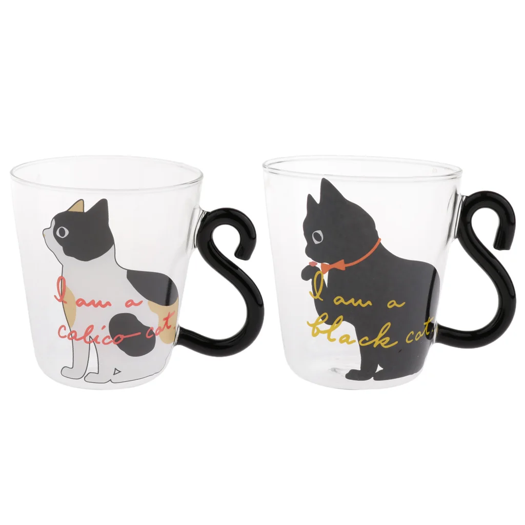 Transparent Art Cat Pattern Glass Cup Double Wall Glass Coffee Mugs with Insulated Hand 250ml