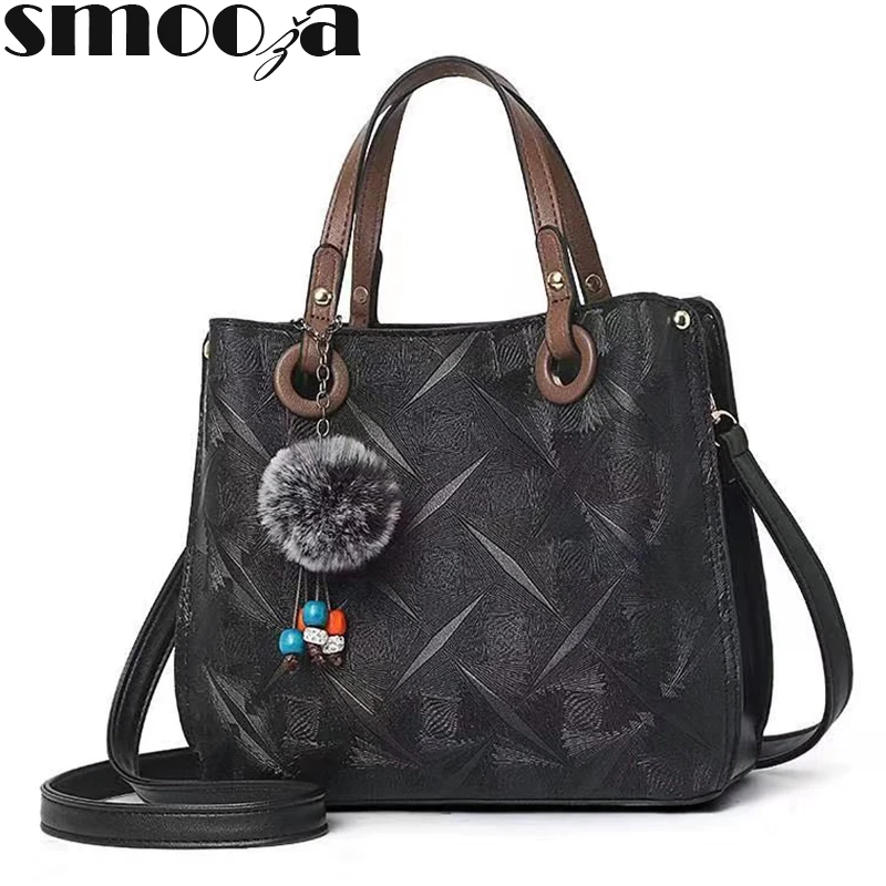

SMOOZA new arrivals Retro handbags Women fur ball crossbody bag Capacity Casual female Shoulder Messenger Bags Ladies PU Purse