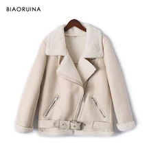 BIAORUINA, мото и Байкерский стиль, женская Свободная искусственная кожа, пэчворк, овчина, сохраняющая тепло, толстая куртка, пальто, отложной воротник с поясом