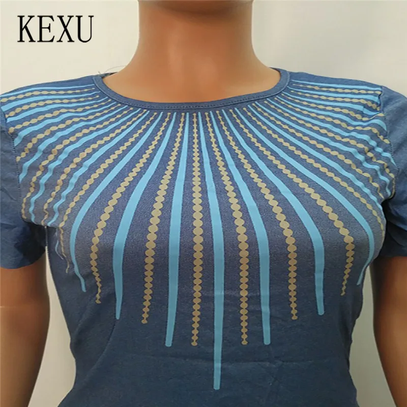 Kexu джинсовый Повседневный Модный комплект из двух предметов, короткий рукав, круглый вырез, элегантный костюм для женщин, стильный джинсовый Модный комбинезон больших размеров XXL