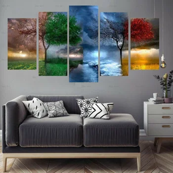

5pcs Modern Canvas Painting Abstract Splicing Four Seasons Tree Oil Canvas Painting Creative Home Wall Decoration