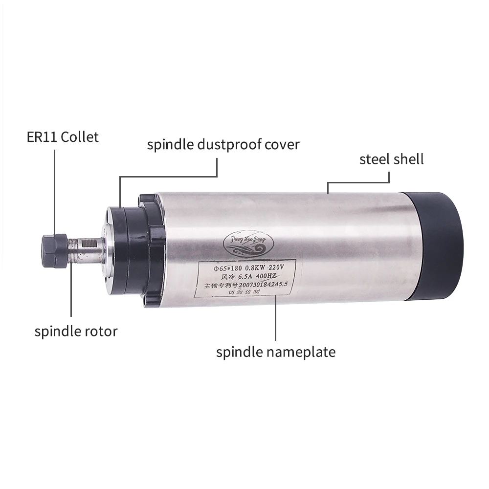 0.8KW 220 В мотор шпинделя воздушного охлаждения CNC 800 Вт 65 мм ER11 шпиндель с воздушным охлаждением с 4 подшипниками для гравировального фрезерного станка