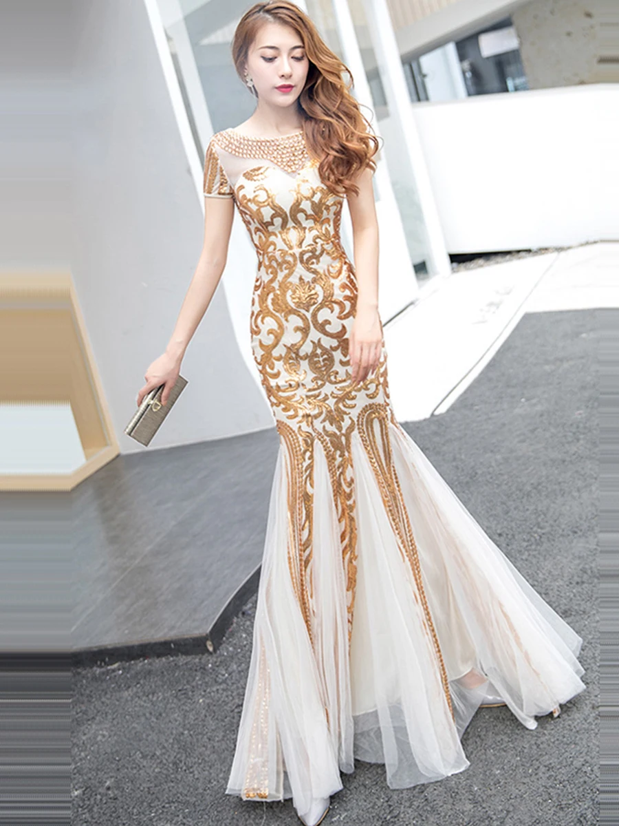 Evening Dress O-neck Short Sleeve Robe De Soiree Sexy Backless Women Party Dress Floor Length Sequin Formal Gown F276-1