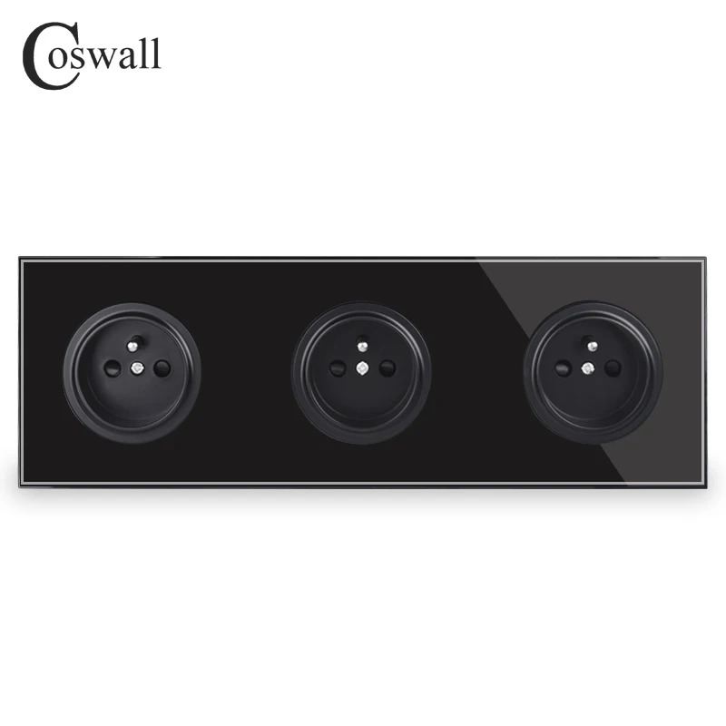 Coswall панель из закаленного стекла 16А, тройная французская стандартная настенная розетка с заземлением и защитным замком для детей - Тип: Black