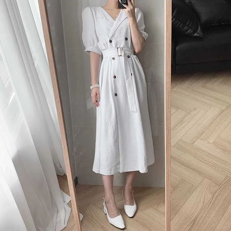One Piece Ladies Dress Korean Elegant Office Women Dresses 2020 Summer Woman New Double-Breasted Puff Sleeve Dress Midi Dresses