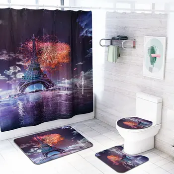 

New Pattern Eiffel Tower Waterproof 3D Digital Printing Shower Curtain Toilet Cover Bath Mat Non-Slip Rug Set