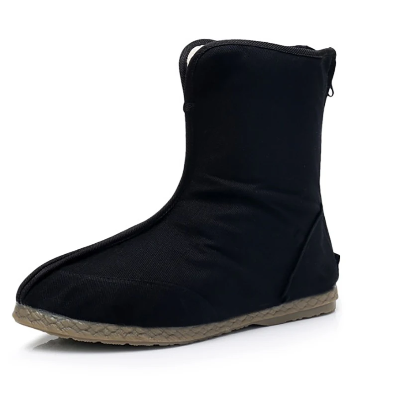 Retro Handmade Kungfu Boots for Men and Women, Black Canvas Shoes with Zipper, Foot Warmer, High Top, Cosplay, Winter