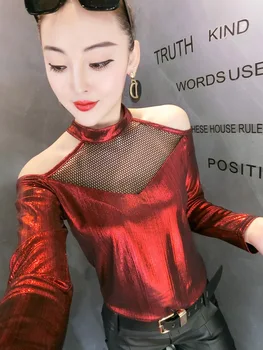 

fashion hollow out shoulder women halter t-shirts sexy shiny metallic t-shirts woman sexy club party dancing t-shirts tops