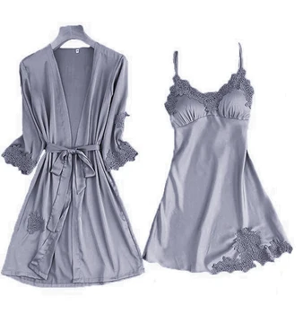 

Pyjama Gown Set Women 2PCS Nightshirts V-Neck Pajamas Silky Print Sleepwear Spring Sleep Robe Wear Home Suit Negligee Homewear