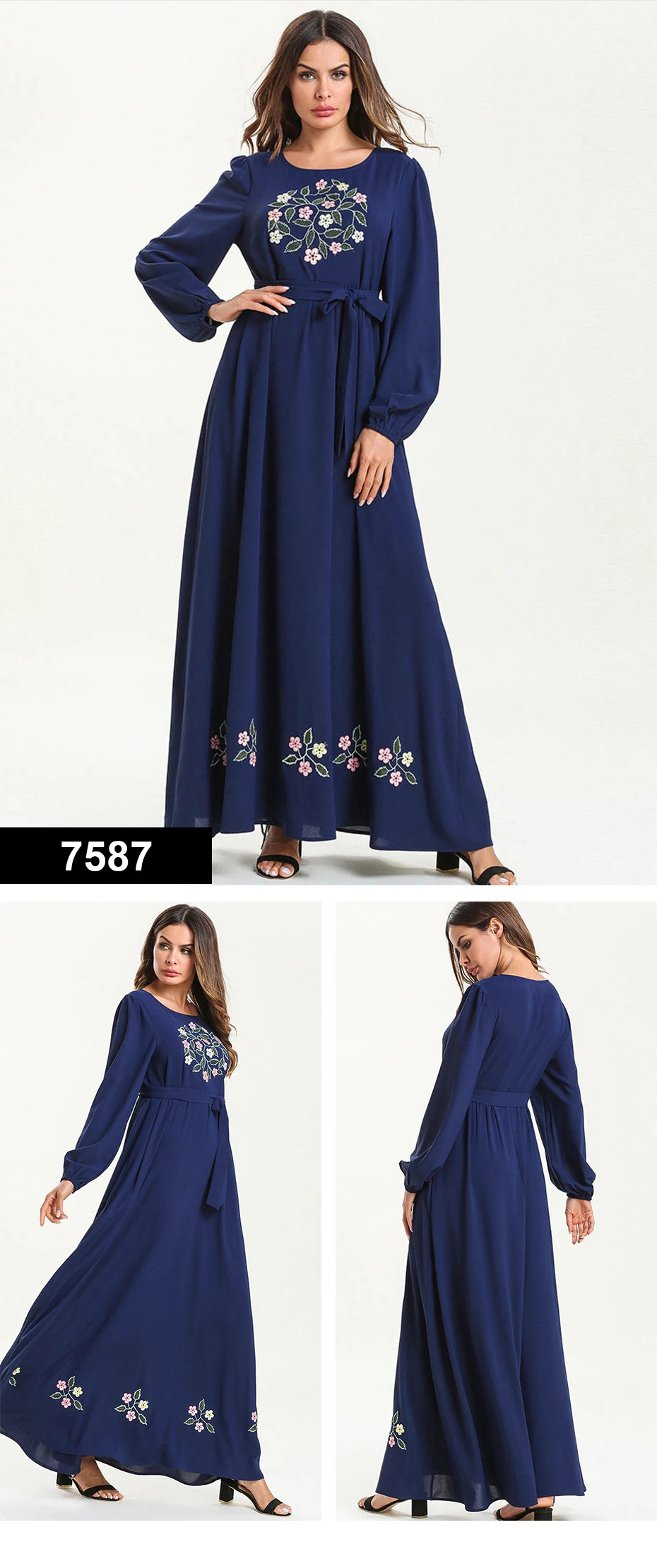 Прямая поставка, платье, женские платья, дешевая распродажа, длинное винтажное платье макси, Vestidos Verano Robe Femme, мусульманское, бохо, с вышивкой, свободное, с круглым вырезом - Цвет: 7587