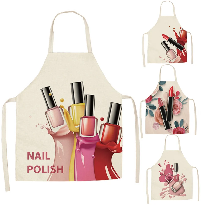 

Linen Flower Nail Polish Theme Print Kitchen Aprons Unisex Dinner Party Cooking Bib Funny Pinafore Cleaning Apron