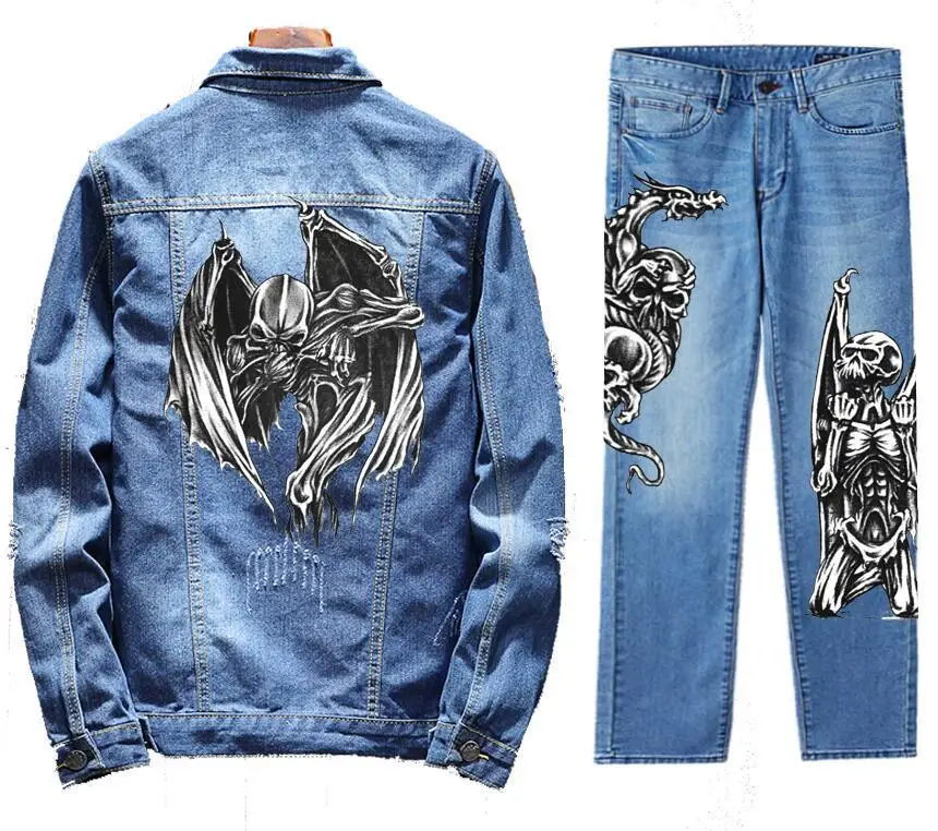 Мужская джинсовая куртка в стиле ретро, джинсовая куртка, верхняя одежда, брюки, комплект, куртка для смерти, синий цвет, 2 предмета