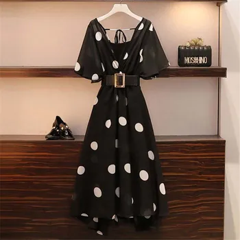 

2020 New Large Size Women's Dresses Summer temperament wave point Dress black waist Chiffon Dress B275