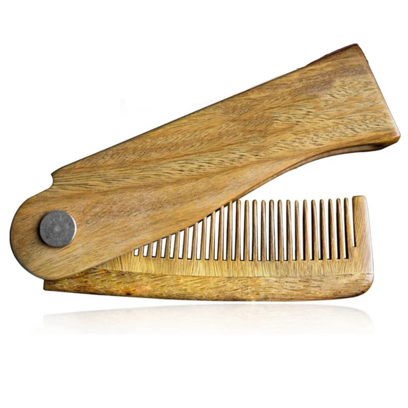 Men\'s Wooden Brush Comb Natural Sandalwood Fine Tooth Folding Hair Beard Portable Mustache Styling Tools Pocket Comb Waves Brush