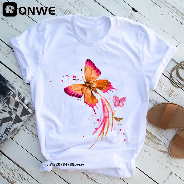 Woman Butterfly Tree Print Harajuku Summer Tshirts Casual Round Neck Short Slee Top Tee Shirt,Drop Ship B2021-4