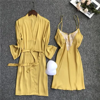 

Satin Kimono Bathrobe Gown Women Lace Intimate Lingerie Sleepwear 2PCS Nighty&Robe Suit Sexy Nightdress Nightgown Homewear